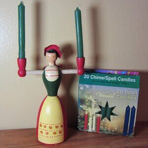 Scandi swedish vintage wood lady candle holder & NIB 20 green candles (W5024)